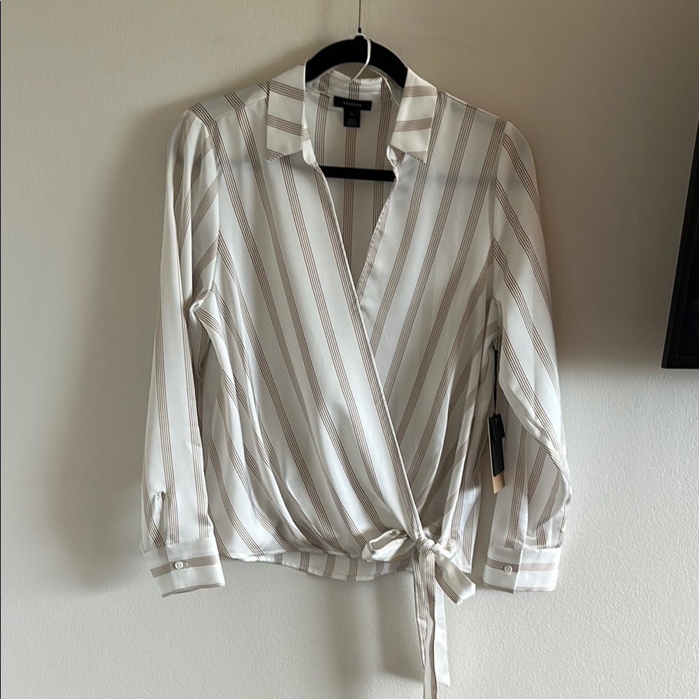 Halogen Striped Wrap Blouse - White and Tan